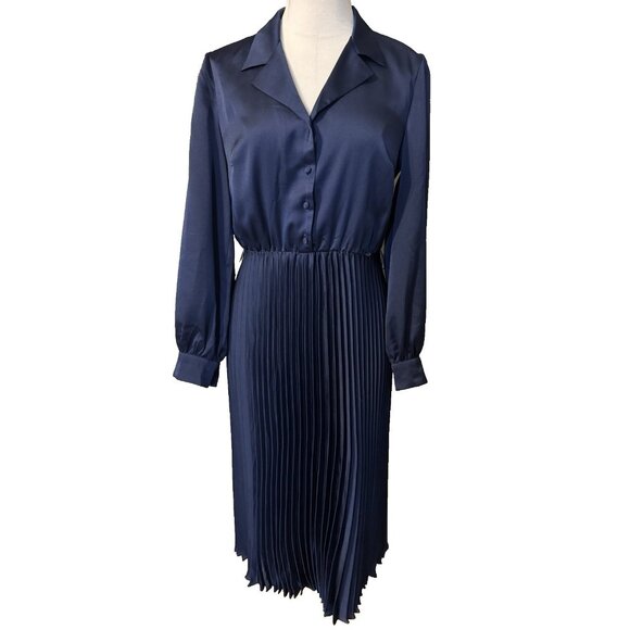 Sandra Darren Midi Dress 10 Blue Long Sleeve Pleat Skirt Career Washable NWT - Picture 1 of 12
